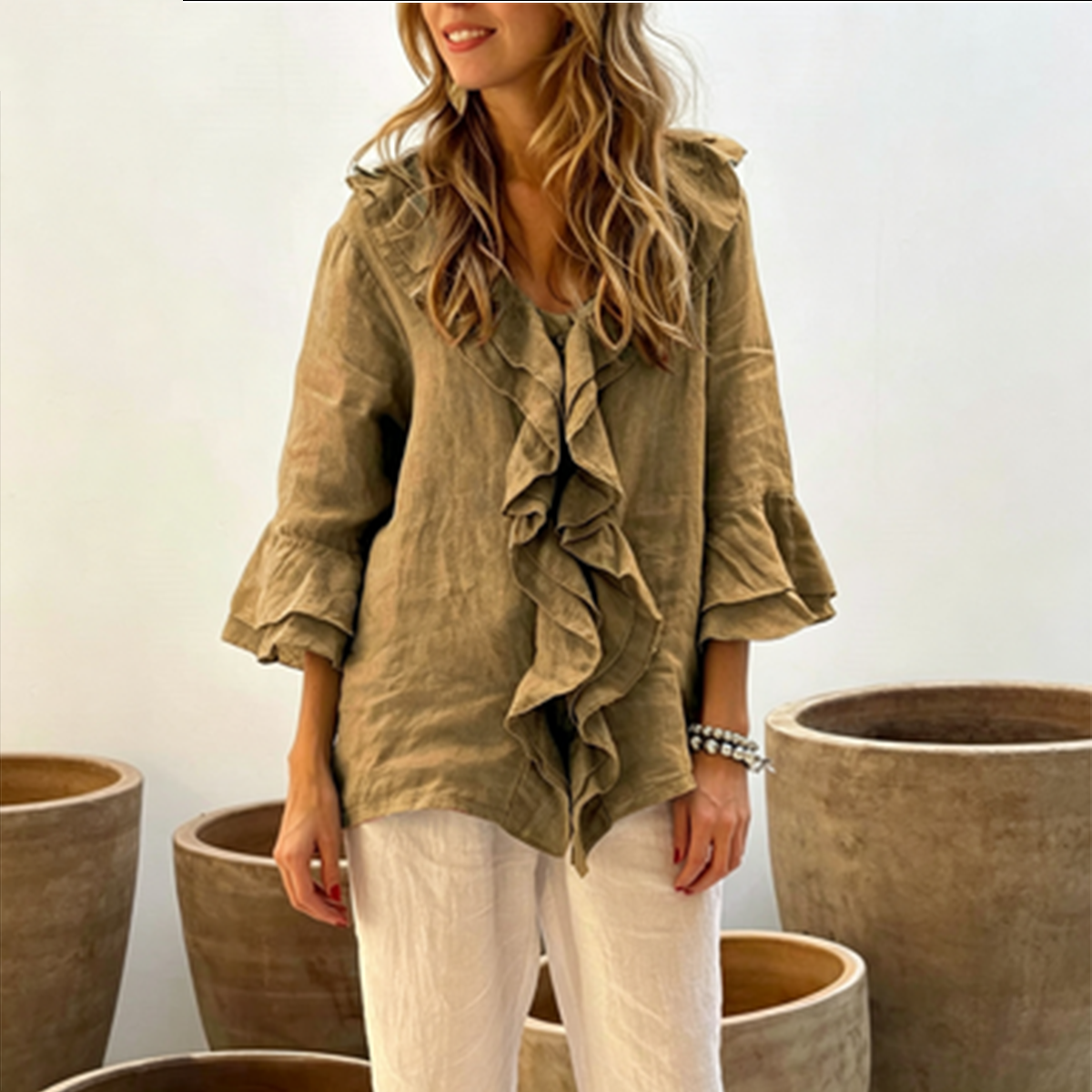 🔥Pago contra entrega✅️【40-100 kg】Camisa casual de moda para mujer, cuello en V con diseño de volantes