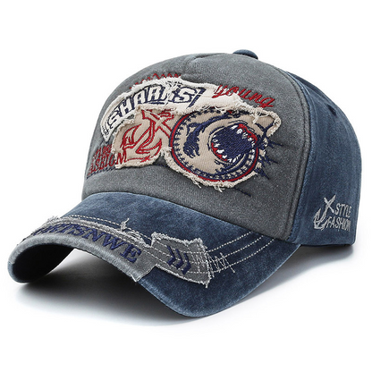 🧢 Gorra Denim Retro Streetwear 🦈 - Efecto Desgastado con Diseño de Tiburón ✨, Tendencia Urbana 2026 🔥
