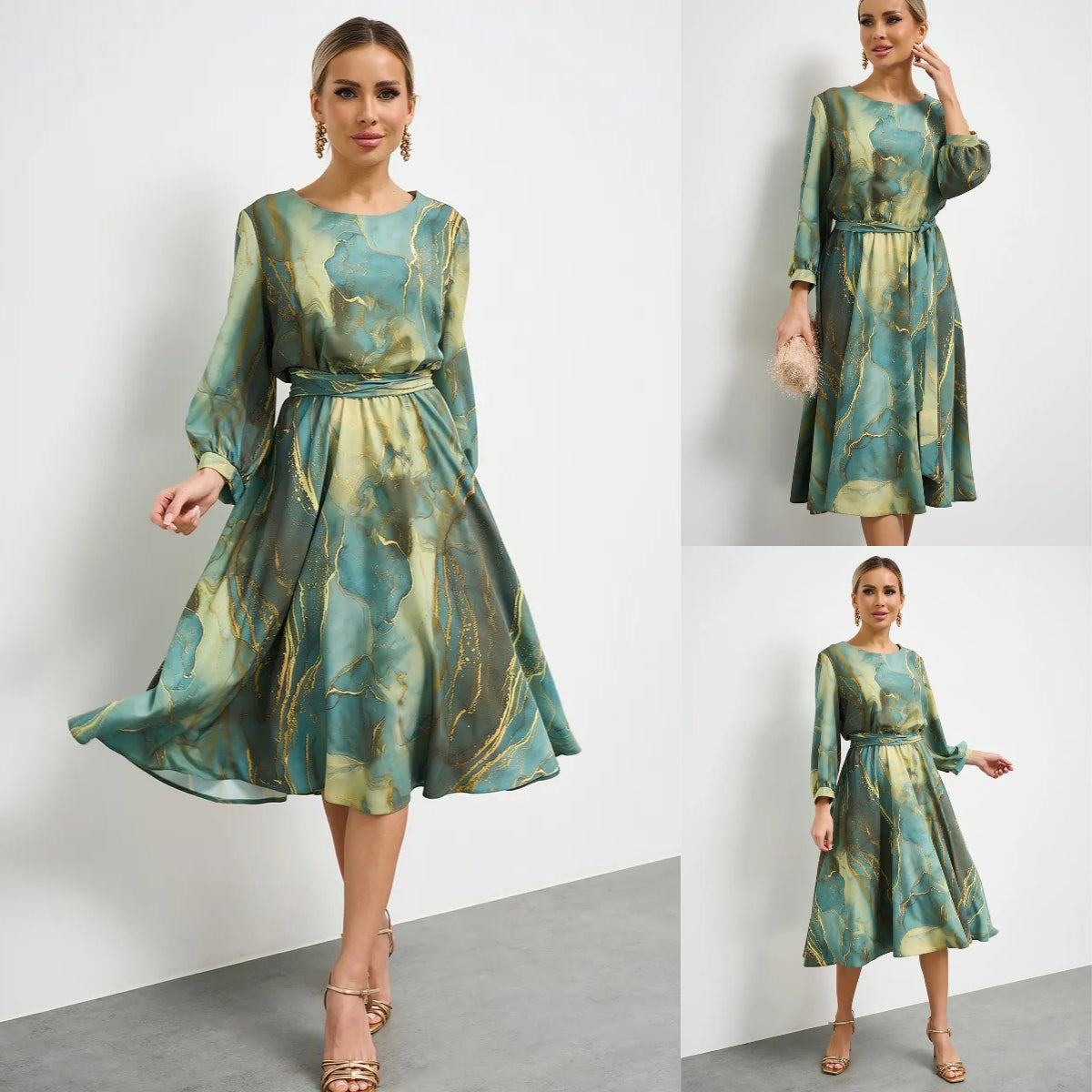 🌿👗【Jarná víla】Elegantná zelená sukňa s dlhým rukávom💃 3913079