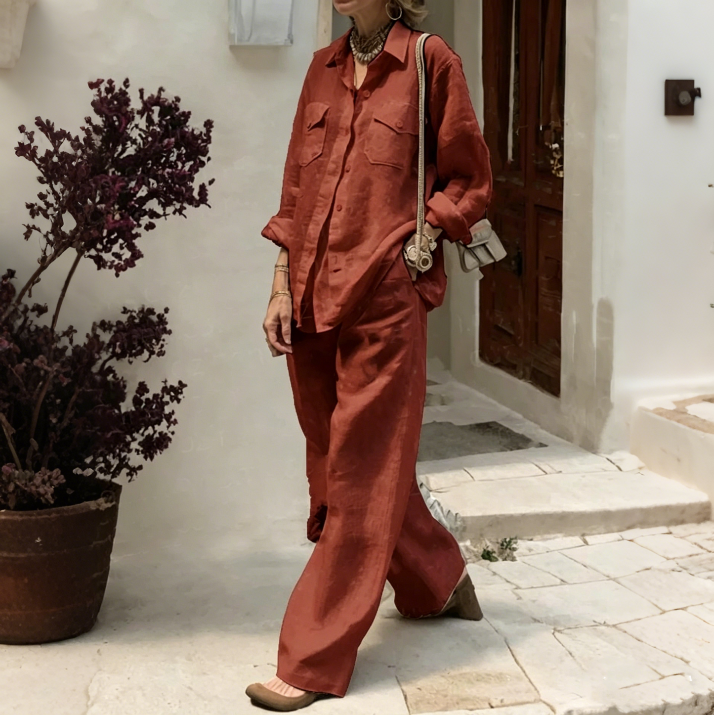 ✨😍【Camiseta + Pantalones】【40-120 kg】Conjunto de dos piezas para mujer, corte holgado, mezcla de algodón y lino, tejido transpirable ✅️Pago contra reembolso