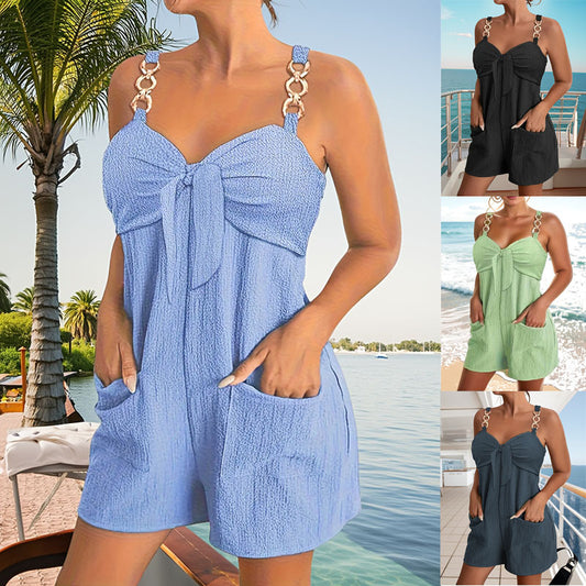 🎀👖【Produs nou de vară 🔥】【S–2XL】Salopină pentru femei, la modă, din in, culoare solidă, cu inele decorative pentru bretele, moale, confortabilă și respirabilă 