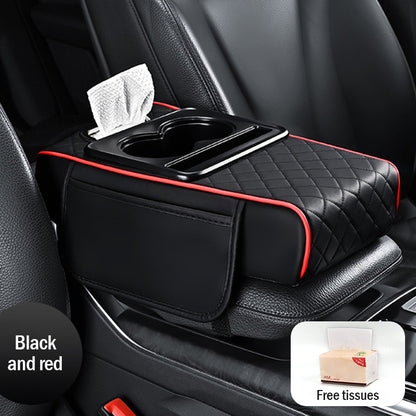 🚗🚗Univerzálna kožená podložka na lakťovú opierku do auta 4 v 1 ✅ Vstavaný box na vreckovky ✅ Držiak pohárov