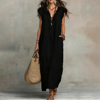 【S-3XL】Дамска рокля от памук и лен с бухнали ръкави и копчета