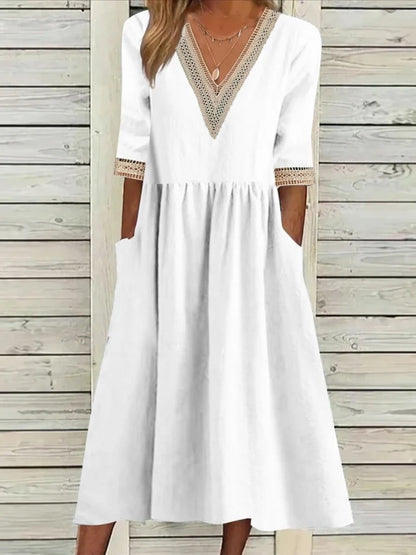 🌈👗【Letné nové produkty - zľava 50%🔥】【40-90 kg】👑 Dámske voľné šaty strednej dĺžky, materiál bavlna a ľan, čipkovaný golier, veľká veľkosť