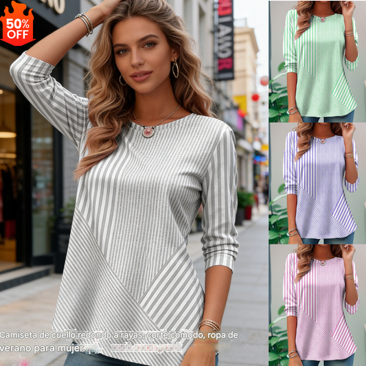 ✨👚【S-5XL】🔥Camiseta de cuello redondo a rayas para mujer - Cómoda e informal.