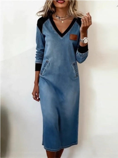 ✅Platba pri doručení  【50% zľava】【S-3XL】Nové módne džínsové šaty s farebnými blokmi a výstrihom do V