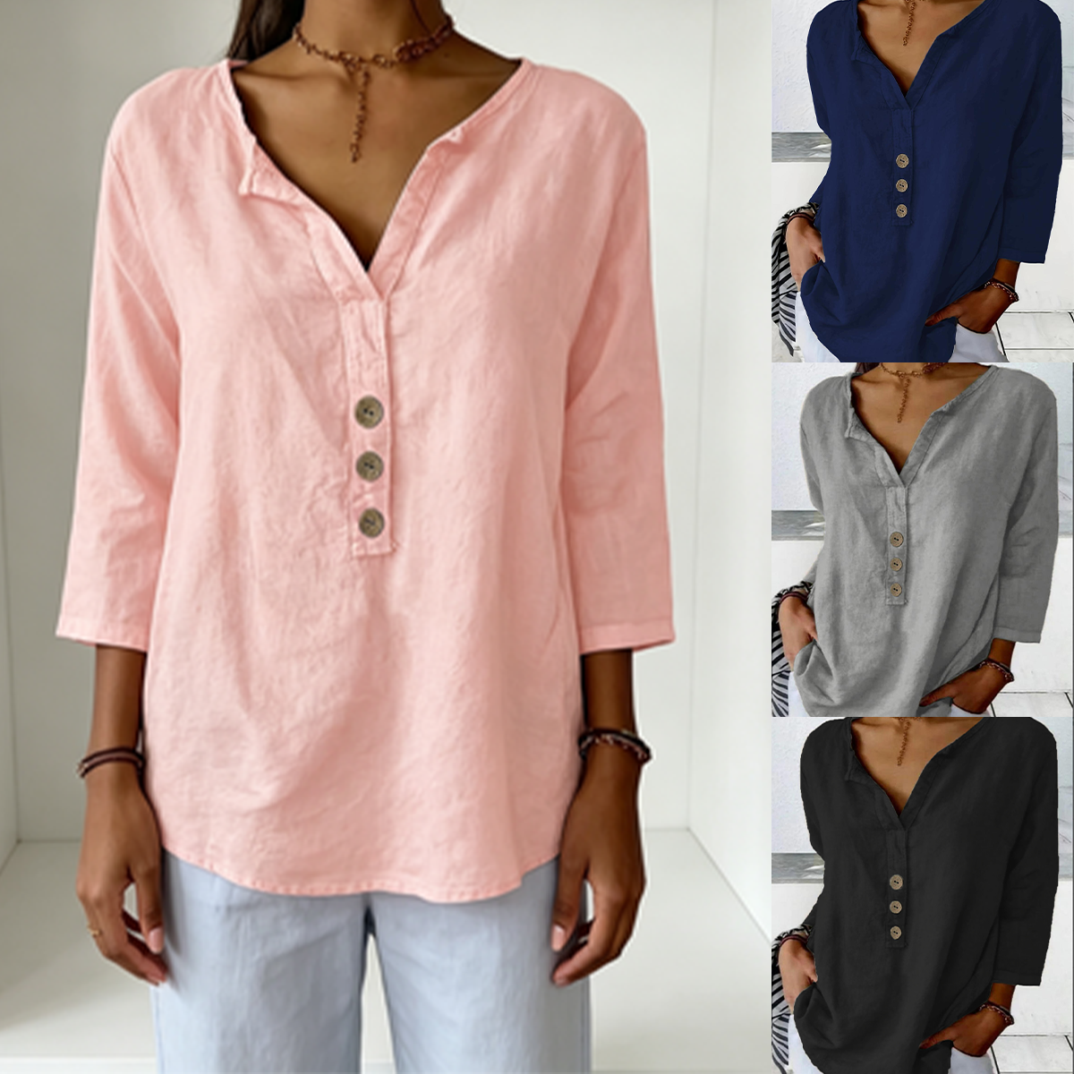 【-49% OFF】🔥Blusa de manga larga con cuello en V y botones, ideal para primavera, verano y otoño.【Pago contra entrega】