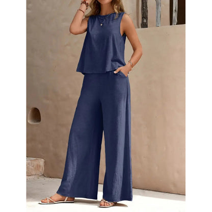 📢 ¡40% de descuento! 💖 Conjunto de 2 piezas: Camiseta y pantalón de seda helada — Diseño sin mangas