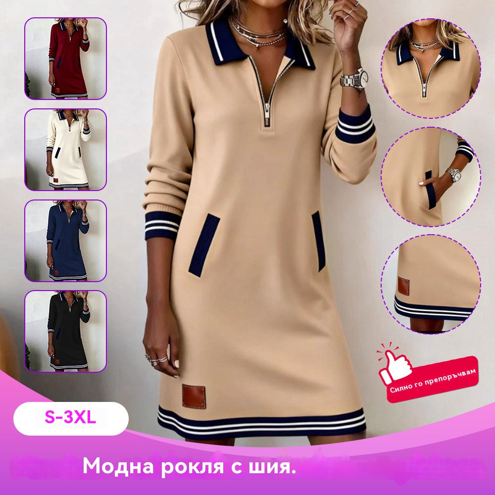 🔥🔥【S–3XL】Nuevo vestido casual de invierno, con cremallera, cuello con solapa, manga larga y bolsillo de bloques de color