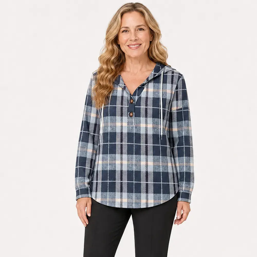 🧥Suéter de cuadros para mujer con capucha y cuello en V, con botones y mangas largas. Suéter holgado de cuadros para otoño e invierno.