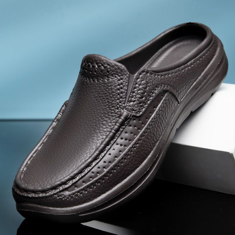 【39-45】Pantuflas de hombre de cuero genuino hechas a mano, cómodas y transpirables, de nuevo estilo