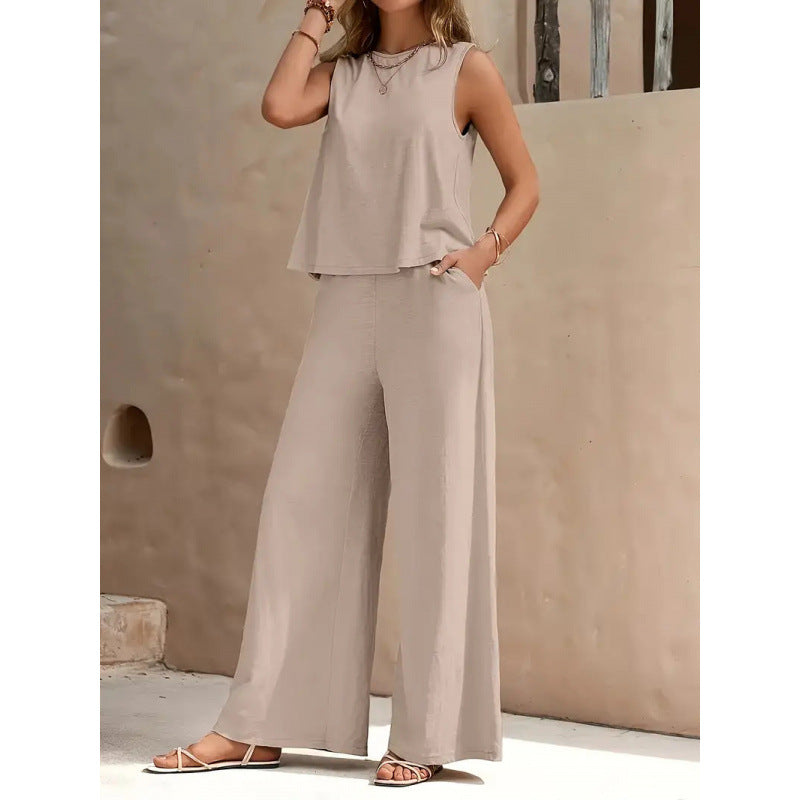 📢 ¡40% de descuento! 💖 Conjunto de 2 piezas: Camiseta y pantalón de seda helada — Diseño sin mangas