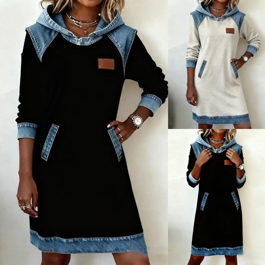 🔥🌷🌞Zimné novinky: módne džínsové patchworkové šaty s kapucňou 2025