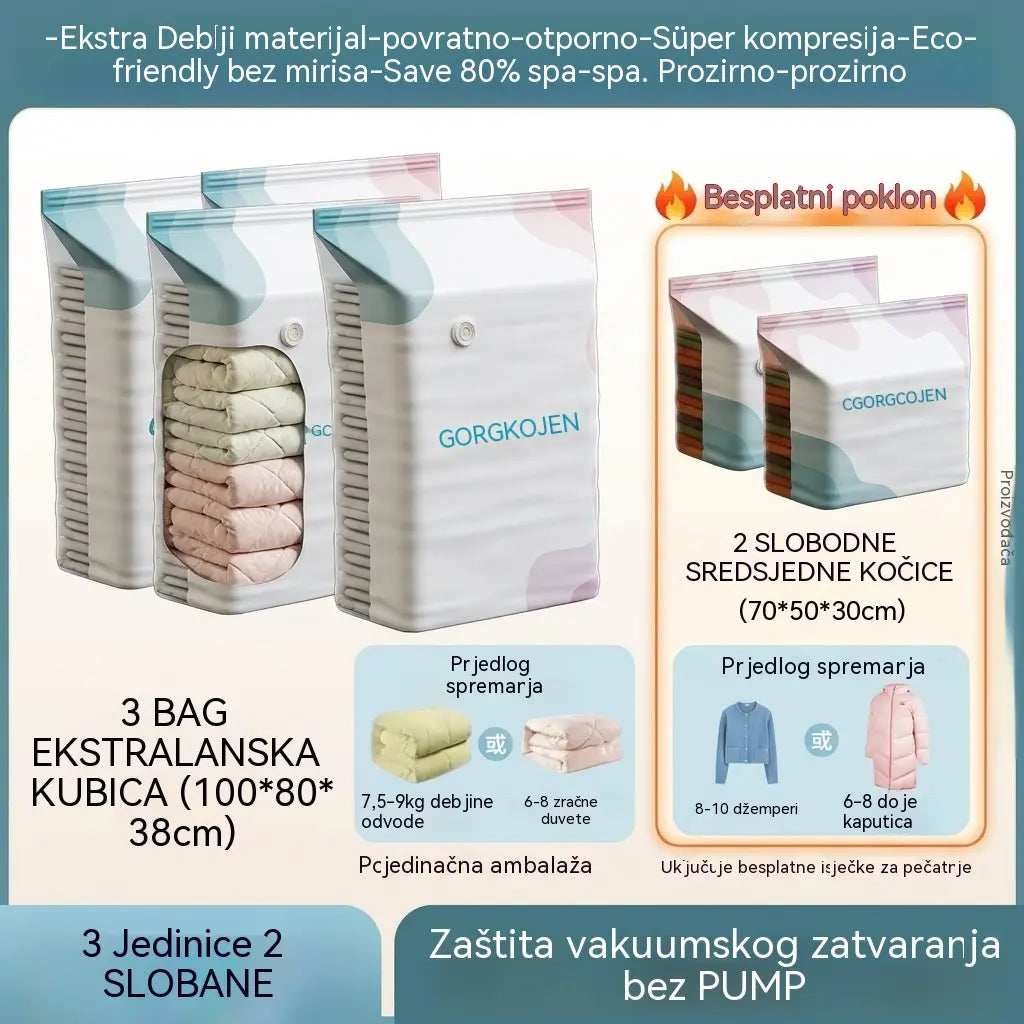 🧳 Paket od 5 [Kupite 3, dobijte 2 GRATIS] Vakuumske vrećice za pohranu odjeće, bez pumpe, velike kockaste vrećice za uštedu prostora pri organiziranju ormara, putovanjima i selidbama