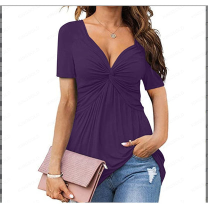 💕【-45% OFF】💕Novo po posebnoj cijeni!Camisa elegante informal de manga corta con cuello en V y nudo.