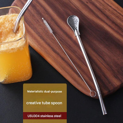 🥄☕Cuchara de paja de acero inoxidable 304 de doble uso, cuchara creativa para revolver café, filtro ecológico para té, leche y jugo