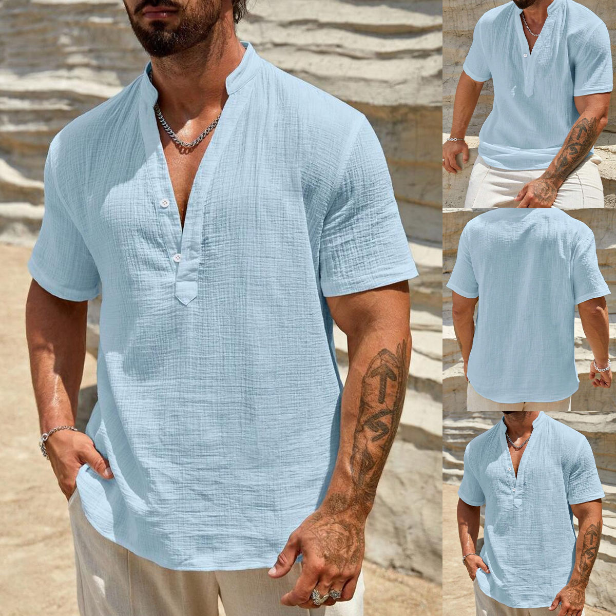 🔥🔥【S-3XL】Nueva camiseta de cuello en V de algodón elástico para hombre