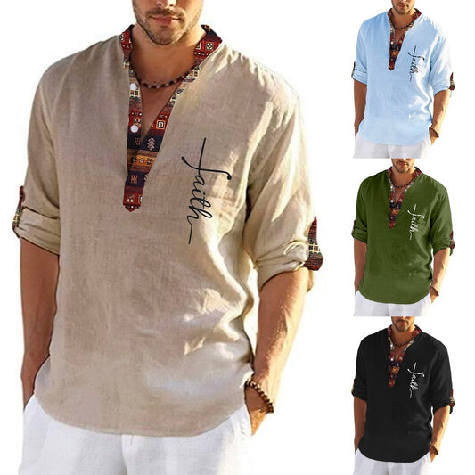 🔥Ofertă limitată în timp🔥Tricou bărbătesc din in și bumbac cu imprimeu și decolteu în V 3721632 