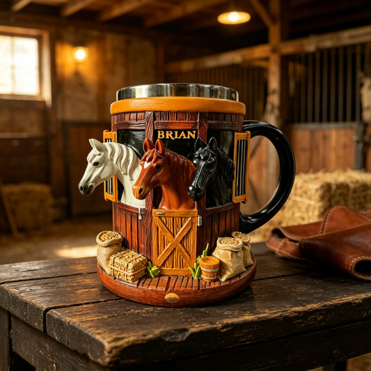 Taza 3D de café con diseño de establo de caballos, acero inoxidable con relieve, regalo para amantes de los caballos