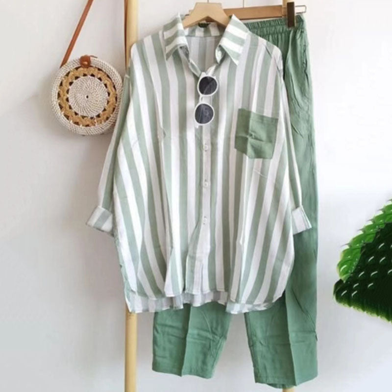50% de descuento【S-5XL】Nuevo traje a rayas, elegante e informal, camiseta de manga larga + pantalón
