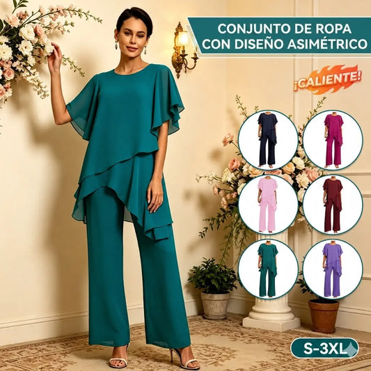 【S-3XL】Elegante Conjunto de Chifón: Top Asimétrico με Volantes y Pantalón Ancho – Look Sofisticado para Eventos