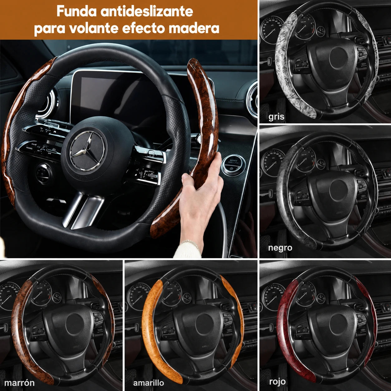 【3 piezas】 Funda antideslizante de madera para volante de coche