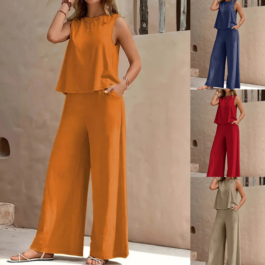 📢 ¡40% de descuento! 💖 Conjunto de 2 piezas: Camiseta y pantalón de seda helada — Diseño sin mangas