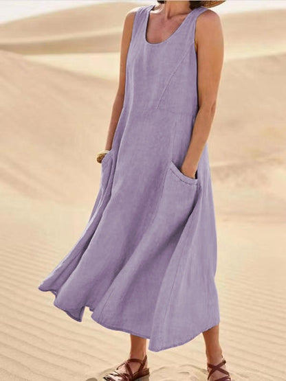 🌈👗【12 farieb, S-5XL】💖 Nové elegantné jednofarebné šaty bez rukávov s okrúhlym výstrihom z bavlny a ľanu na leto 2025.