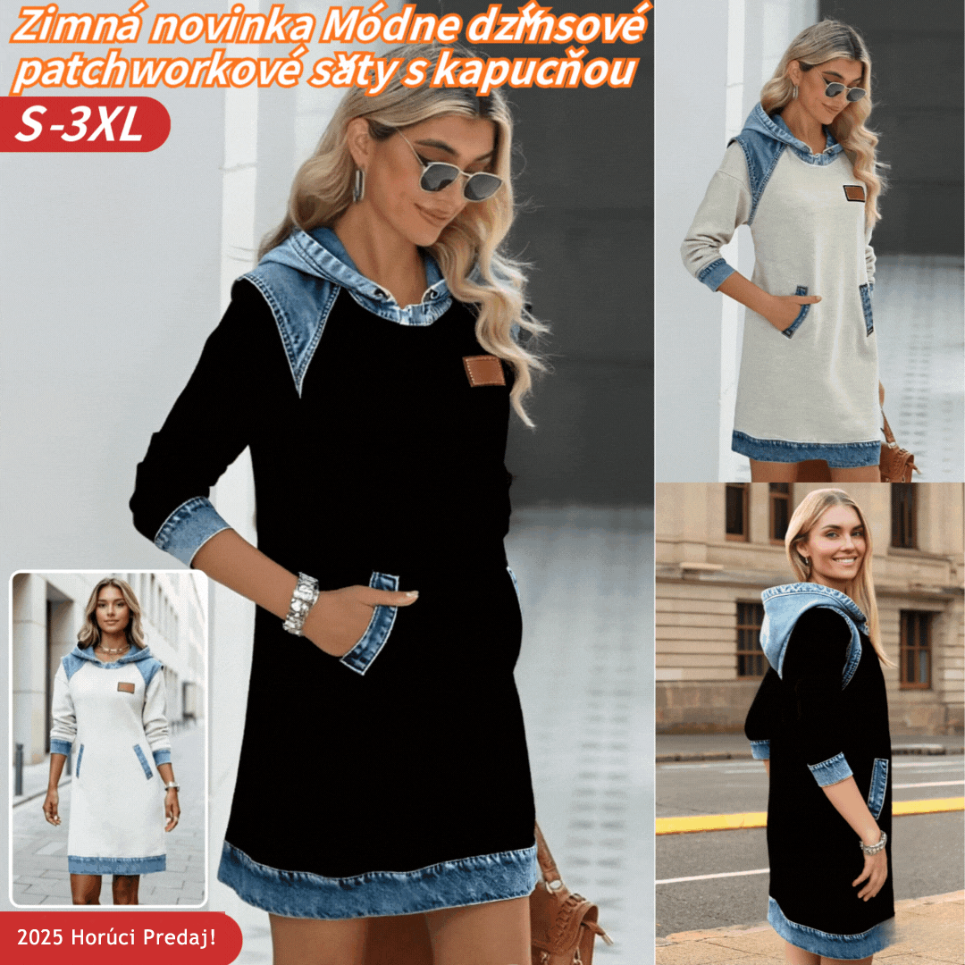 🔥 2025 Horúci Predaj!🌷🌞 Zimná Novinka Módne džínsové patchworkové šaty s kapucňou