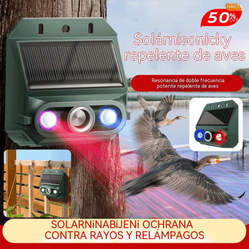 Repelente solar ultrasónico para animales, ideal para exteriores, con luz infrarroja intermitente y LED rojo y azul.