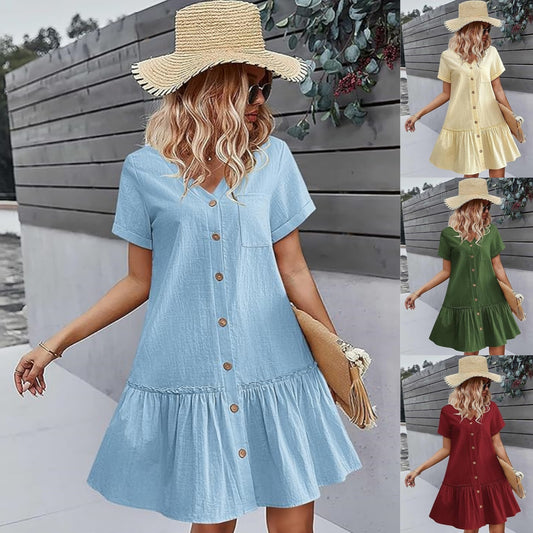 👗🎁 Letné nové módne voľné jednofarebné šaty s krátkym rukávom z bavlny a ľanu na gombíky na rok 2025