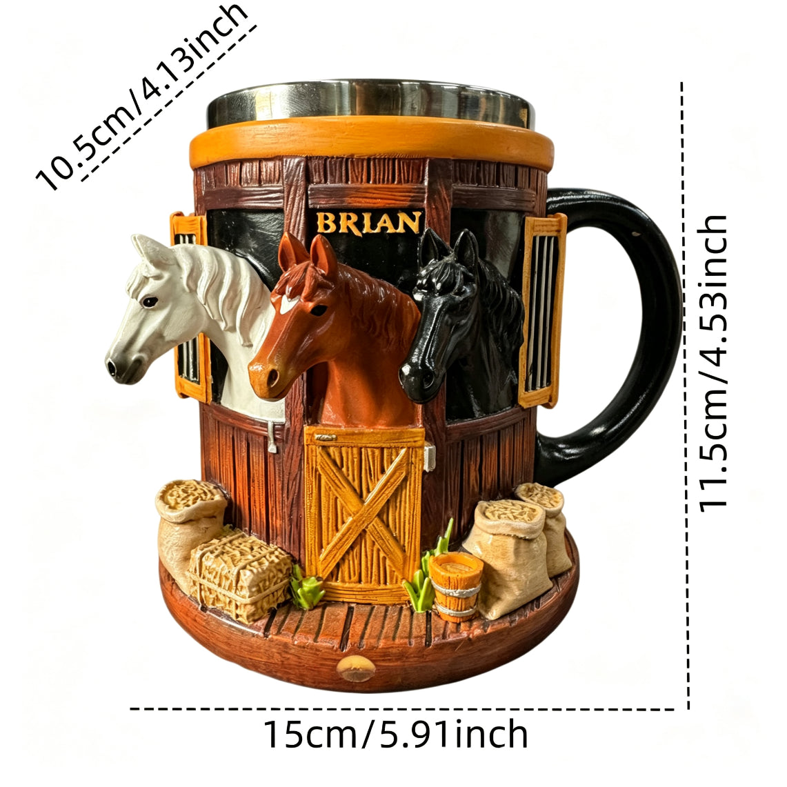 Taza 3D de café con diseño de establo de caballos, acero inoxidable con relieve, regalo para amantes de los caballos