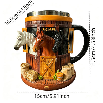 Taza 3D de café con diseño de establo de caballos, acero inoxidable con relieve, regalo para amantes de los caballos