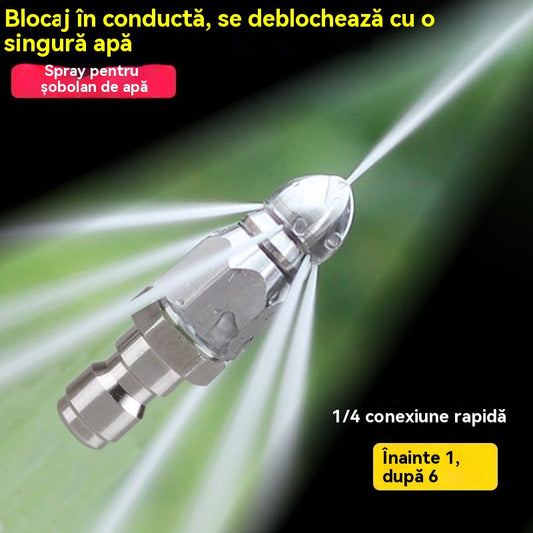 🛠️Duză de înaltă presiune pentru șobolan de apă, din oțel inoxidabil, cu dop rapid de 1/4, față și spate, șase duze, cap de curățare și desfundare a țevilor de canalizare