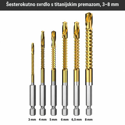 🛠️🔧 (6 komada) Spiralna svrdla od brzoreznog čelika s titanijskim premazom 2 u 1 – šesterokutni prihvat, pogodna za bušenje i izradu utora u drvu i metalu 🔩