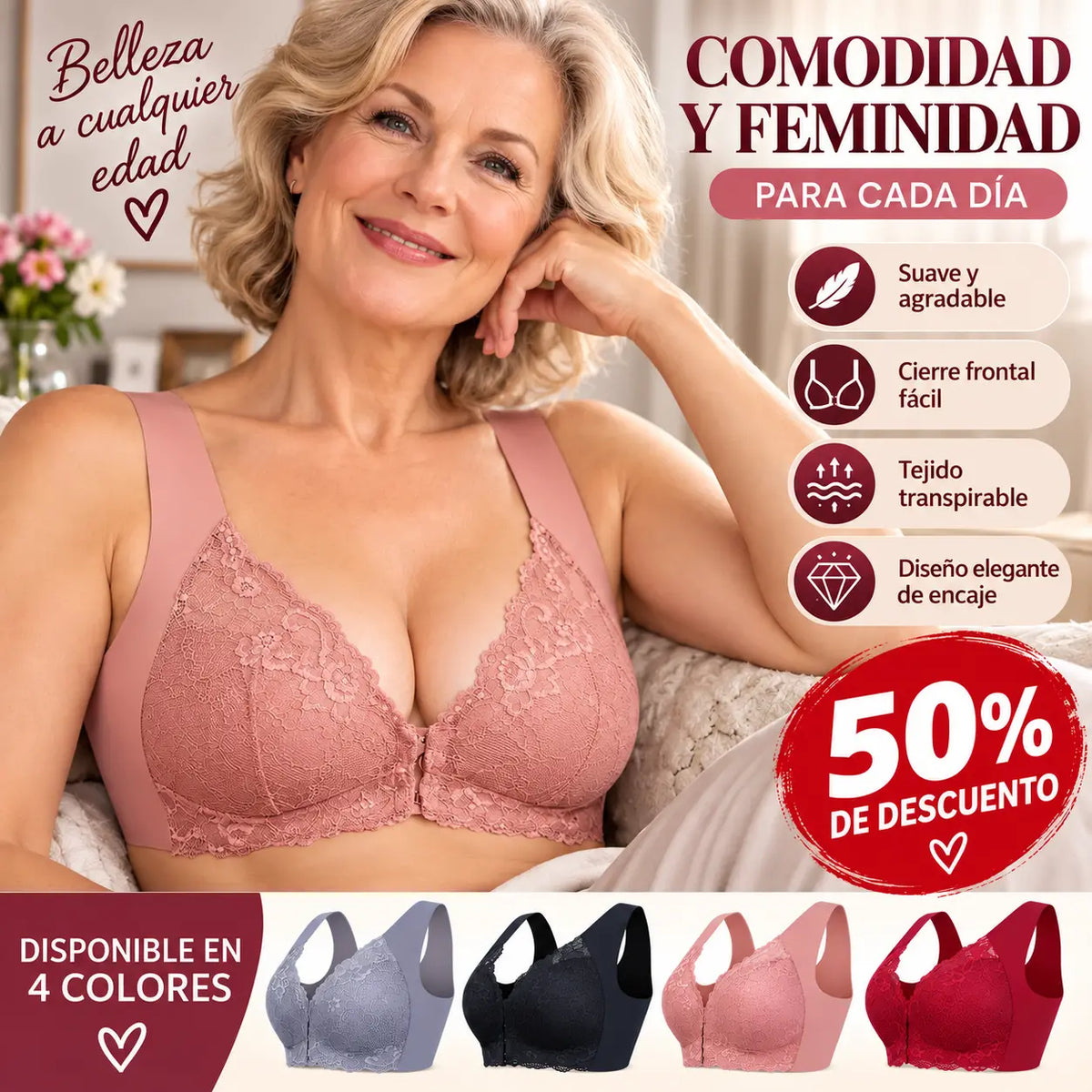 ✨【Conjunto de 3 piezas】Sujetador sexy de talla grande, sin aros y con cierre frontal, que luce un hermoso diseño en la espalda.