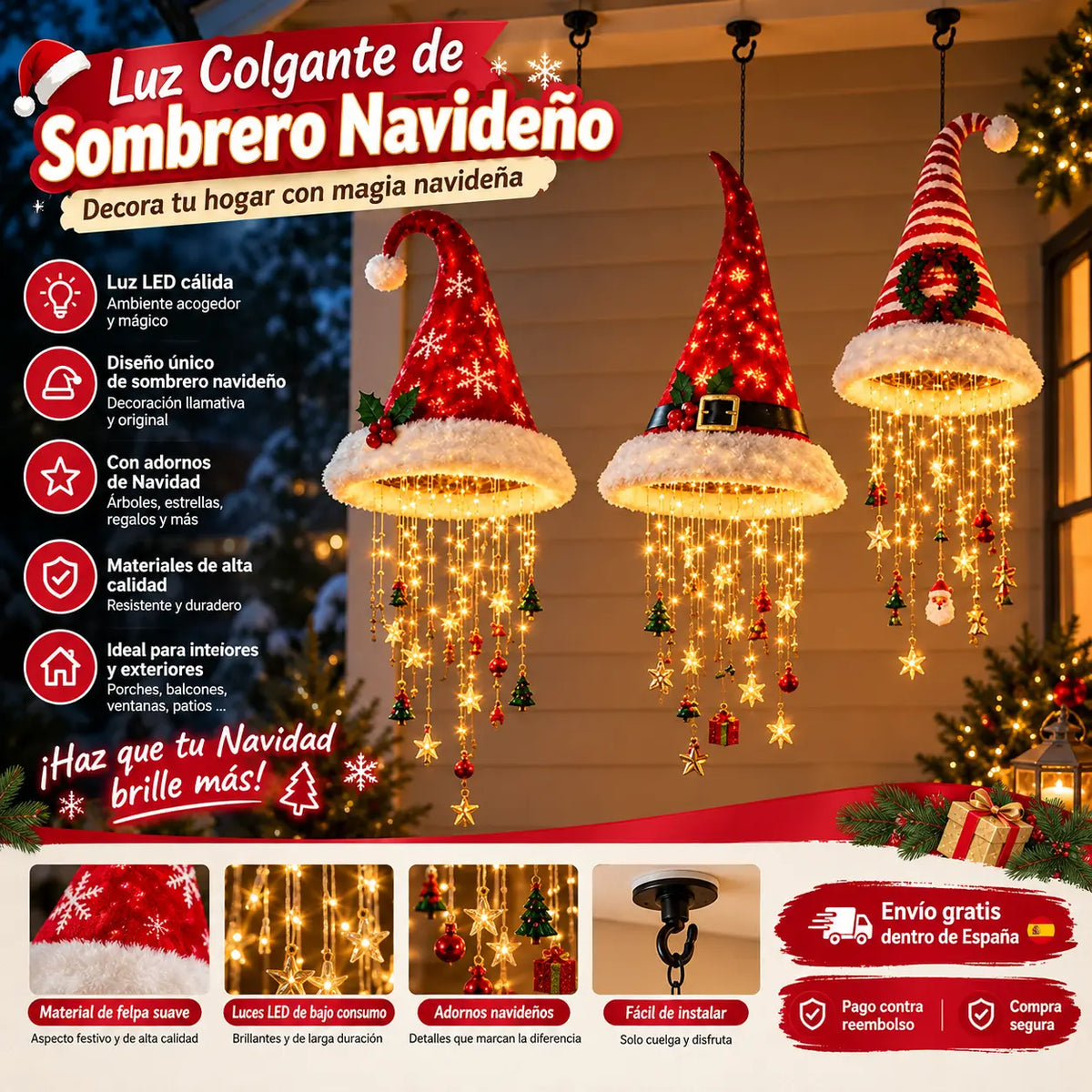 🎅 Gorro de Navidad con copo de nieve y luz LED de cristal  Brillo mágico para el porche ✨