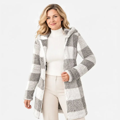 ✨【S-3XL】Cárdigan/abrigo largo reversible para mujer con cremallera – pelo sintético y estampado de cuadros (otoño/invierno)