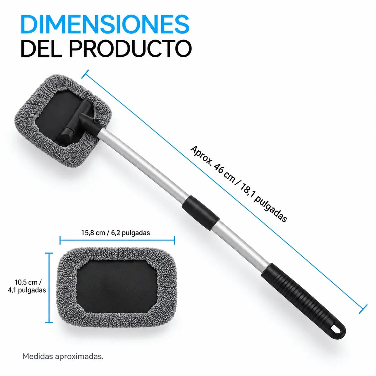 Limpiador extensible para parabrisas y ventanas, con cabezal pivotante de 180° y 2 fundas de microfibra