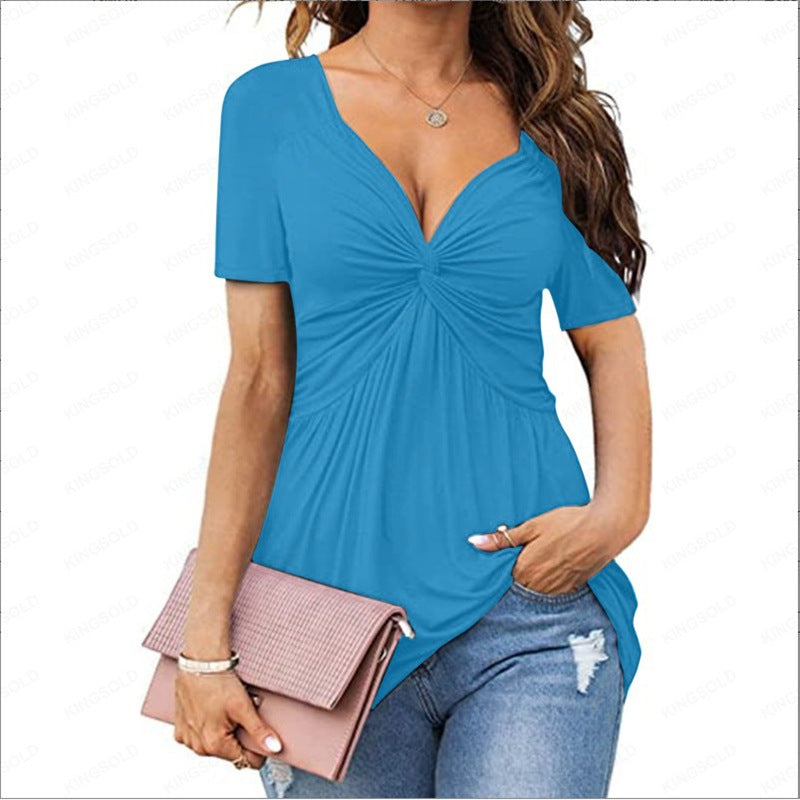💕【-45% OFF】💕Novo po posebnoj cijeni!Camisa elegante informal de manga corta con cuello en V y nudo.