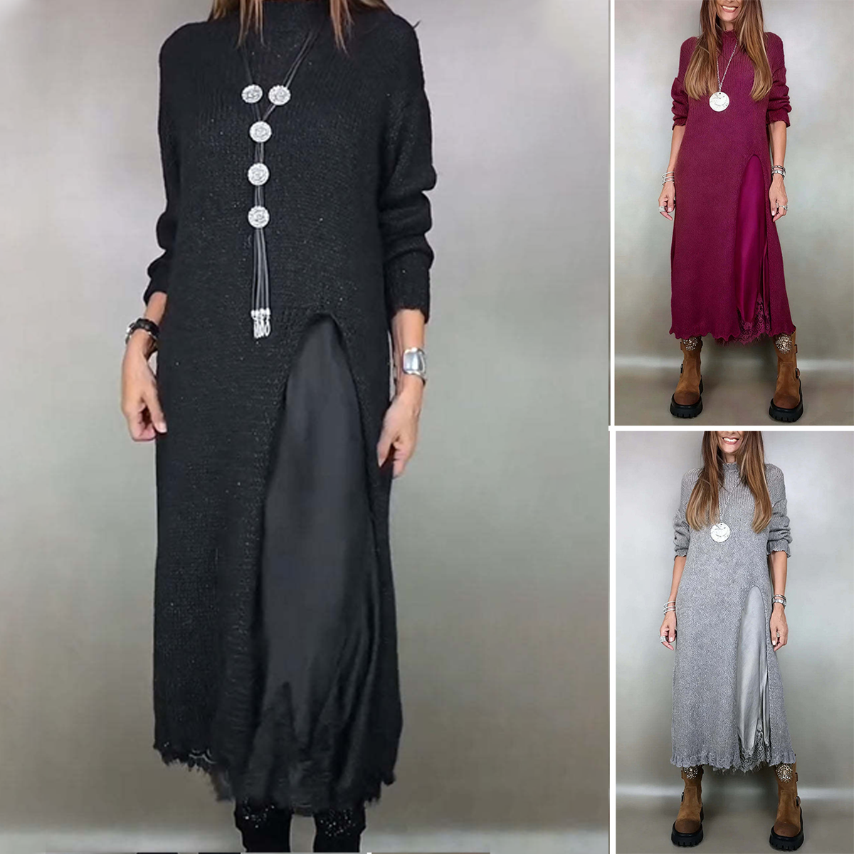 【XS-3XL】👗Nuevo conjunto de encaje, diseño con aberturas, estilo suéter, conjunto de dos piezas vestido-suéter con tirantes y abertura