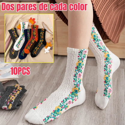 🌸10 pares🌸Calcetines largos retorcidos con estampado floral retro de algodón nuevos para otoño e invierno