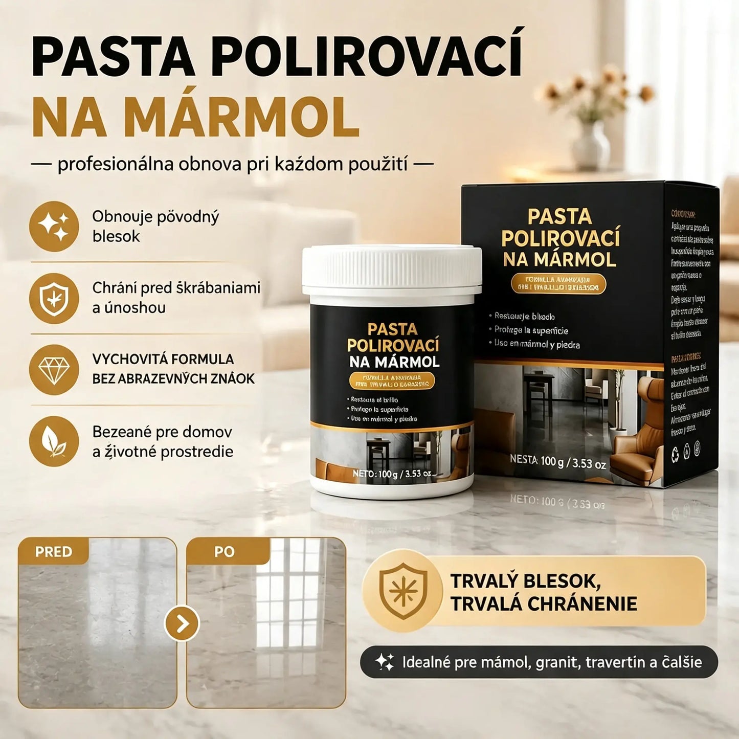 🥳 🔥Dve fľaše za 24 eur!✨ Leštiaca pasta na mramor – odstraňuje škrabance, obnovuje lesk a chráni povrch už za 2 minúty 🛡️
