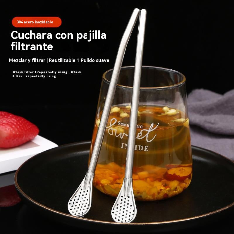 🥄☕Cuchara de paja de acero inoxidable 304 de doble uso, cuchara creativa para revolver café, filtro ecológico para té, leche y jugo