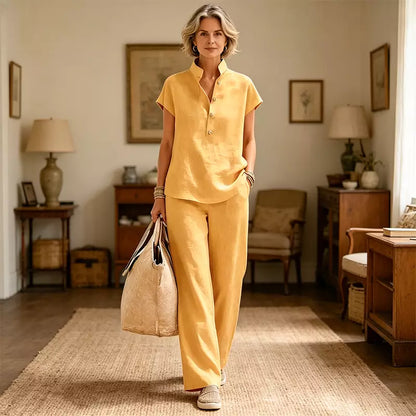 ✨ Conjunto de lino y algodón para mujer – Blusa de manga corta y pantalón de pata ancha, estilo casual y elegante de verano