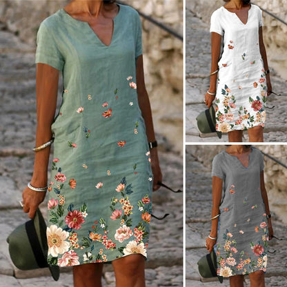 🌺【S-3XL】Rochie de vară din bumbac și in, cu croială dreaptă, decolteu în V, mâneci scurte și imprimeu cu fluturi și flori 