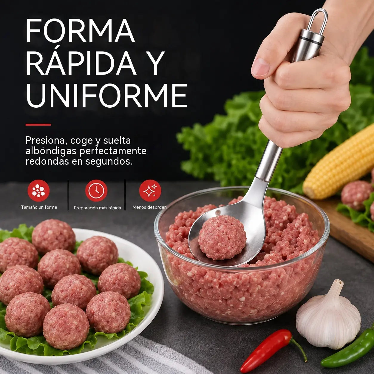 🍖 【3 piezas】Molde para albóndigas de acero inoxidable 304 – ideal para hacer albóndigas de carne y de pescado, perfecto para cocinar en casa 🥄