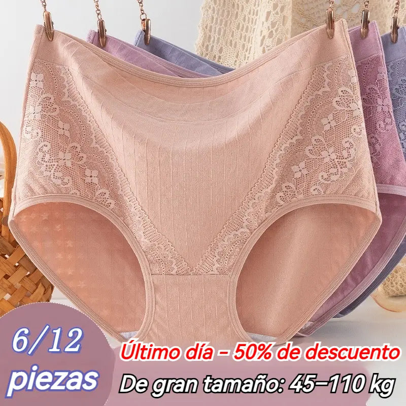 【6 piezas】【XL-4XL】Braguitas antibacterianas de cintura alta para control de abdomen 【45-110kg】