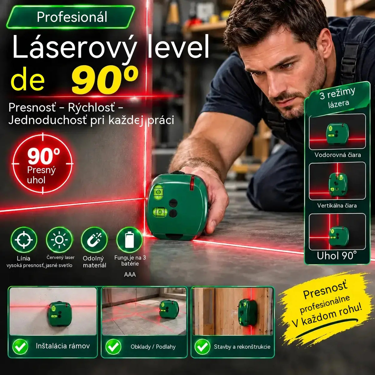 🔴 Laserová vodováha 2 v 1 na pravý uhol: rýchle a presné vyrovnávanie – bez potreby šnúry s kriedou.