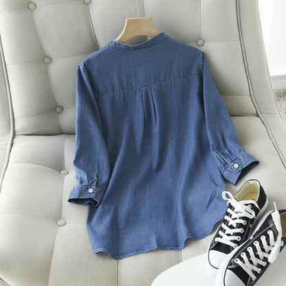 Camisa de manga tres cuartos con cuello en V y tejido vaquero fino para mujer, ideal para primavera/verano.